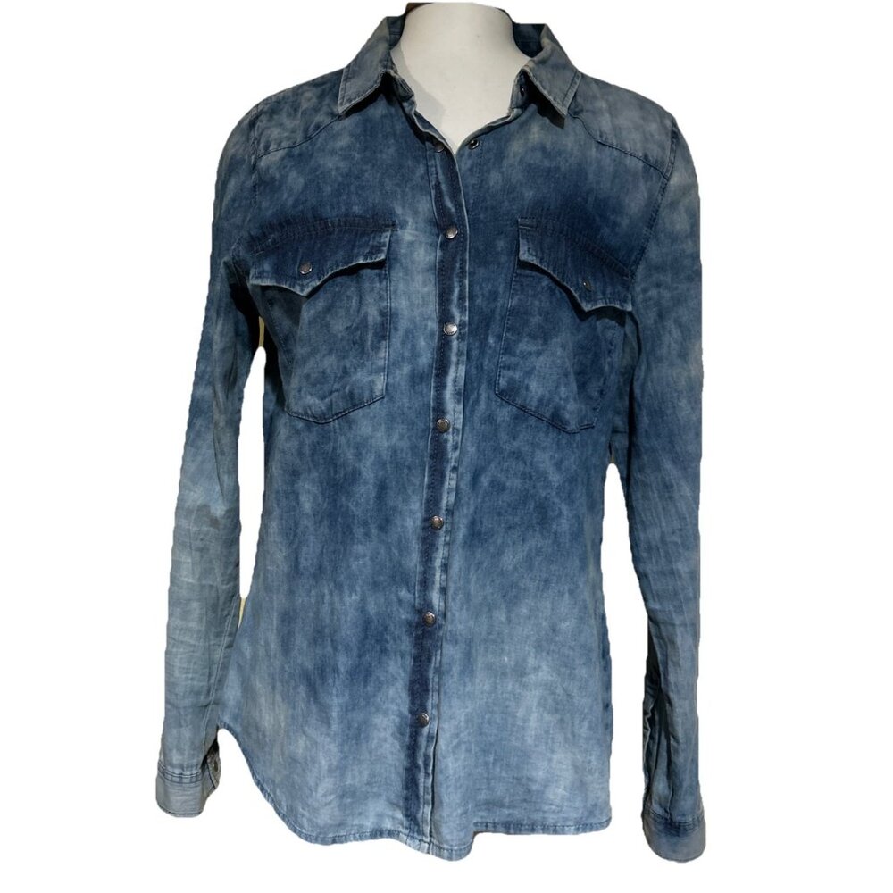 Marfinno Light Blue Chambray Denim Long Sleeve Snap Button Up Shirt Western M